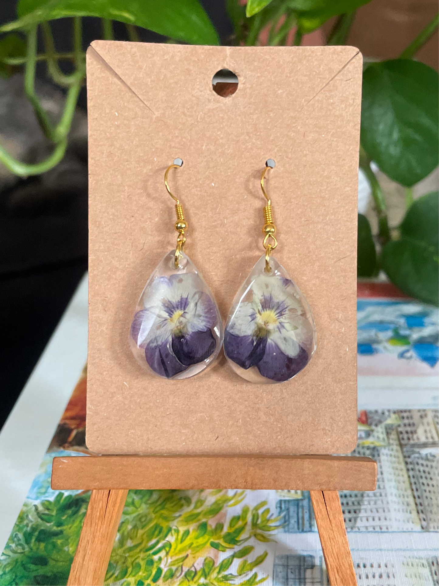 Purple pansy resin dangles
